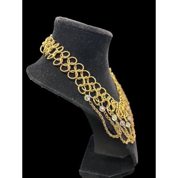 Vintage Collar Necklace Layered Interlocking Gold Tone AB Crystal Chain 18”L - Picture 5 of 5